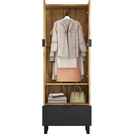 Armadio guardaroba con scarpiera, 1 cassetto, 3 ripiani di cui 2 regolabili, vano aperto e barra appendiabiti, 180 cm, legno e nero - CHICFURN (1/5)