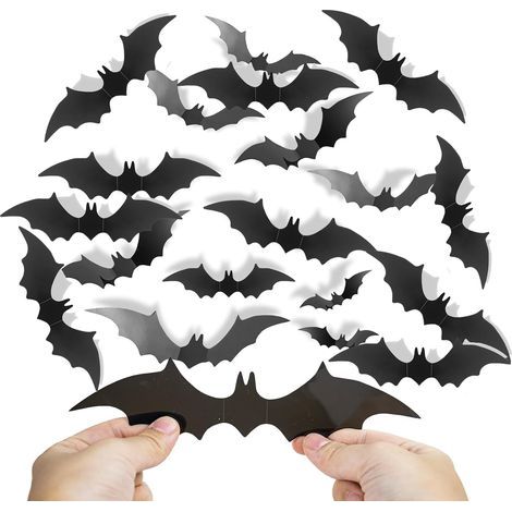 Lote de 180 decoraciones murales de murciélagos para Halloween - 4 tamaños - Negro - Para decoración de fiestas de Halloween (1/5)