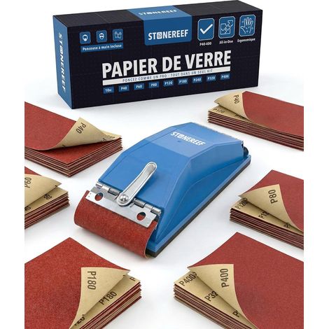 Papier abrasif 93x230 mm 80 feuilles P40-P400 + cale à poncer bois (1/5)
