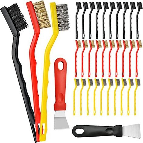 Mini brosses métalliques (lot de 60) en acier inoxydable et laiton-nylon, avec 2 grattoirs, pour le nettoyage des résidus de soudure et des saletés. (1/4)