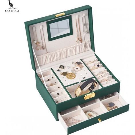 ® – Luxuriöses 2-stöckiges Schmuckkästchen – Modisches Schmuckkästchen – Schmuckkästchen – Ringe/Ohrringe/Halskette/Uhr – Damen/Mädchen – Waldgrün (1/5)