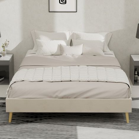 Lit 140x200cm - Cadre de Lit Sans Tête de Lit - Design Minimaliste - Sommier à Lattes Inclus - Velours Hollandais - Beige (1/5)
