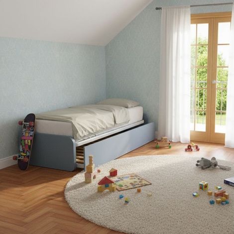 Letto singolo con letto estraibile, trasformabile in matrimoniale. Testate personalizzabili, reti in acciaio e doghe in faggio - Avio