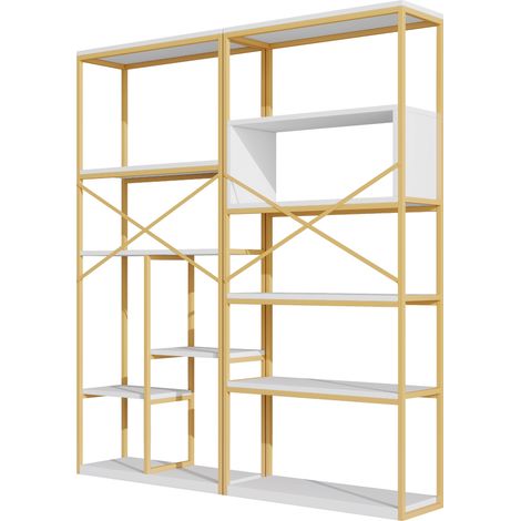 Étagère 160 x 29.5 x 180 cm au style moderne et minimaliste, tube d’acier + MDF, structure rectangulaire stable, coloris or et blanc, facile à monter et à nettoyer, or + blanc (1/5)