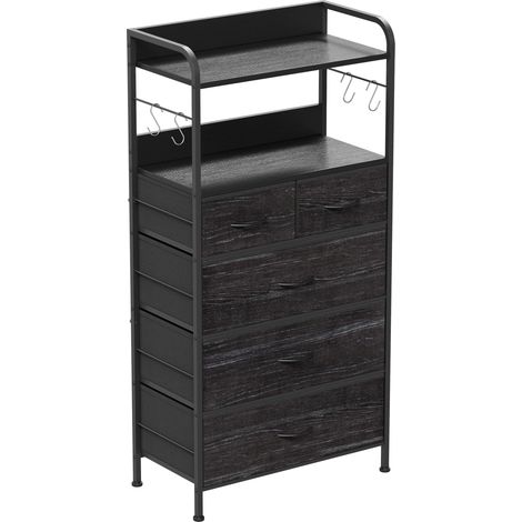 Commode 5 Tiroirs, Crochets, Étagères, 120x60x30cm, Rangement Entrée Chambre, Commode Chambre, Meuble Rangement, Tissu, Métal Noir