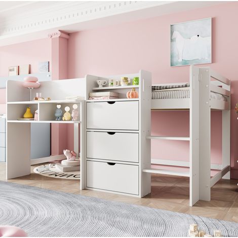 Letto rialzato per bambini 90x200 cm con mensola portaoggetti e vano portaoggetti, senza materasso, bianco (1/5)