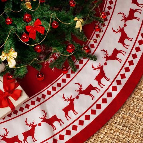 Tapis de sapin de Noël 122 cm (48 pouces) - Grand tapis de sapin de Noël rouge avec flocons de neige et rennes - Décorations de Noël rustiques pour les fêtes d'hiver et du Nouvel An (1/5)