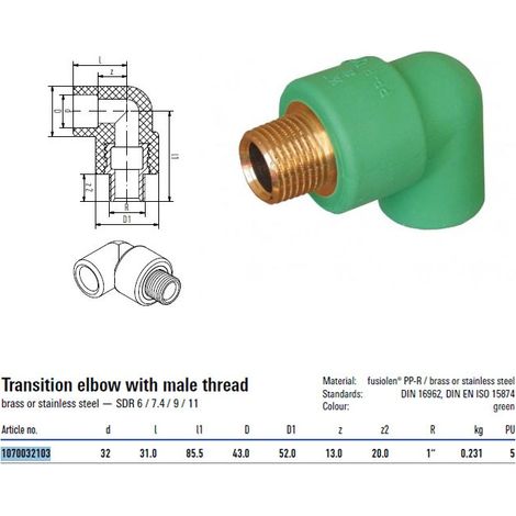 Raccordo a gomito con attacco filettato M 32mm per 1" Aquatherm 1070032103