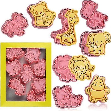 Ensemble de 8 emporte-pièces animaux en relief 3D avec tampons à piston, pour biscuits, fondant, fromage et autres préparations pâtissières. (1/5)