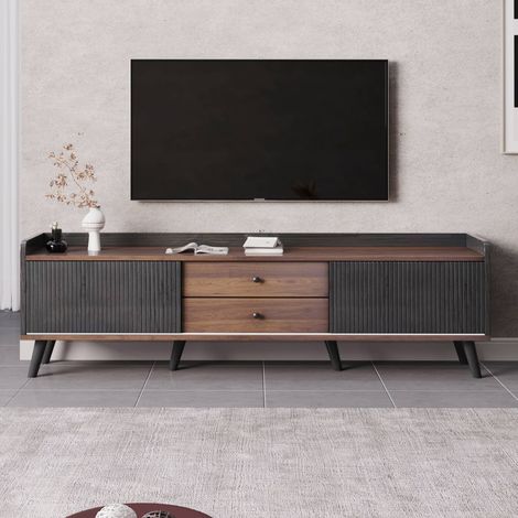 Meuble TV 160 cm, meuble bas avec 2 portes coulissantes et 2 tiroirs, pieds en bois massif, noir (1/5)