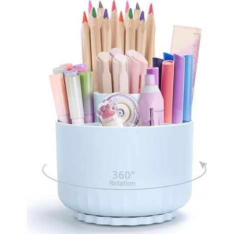 Ritte Rotatif Pot a Crayon, Organisateur De Bureau Rotatif à 360° Avec 5 Compartiments, Porte-Crayons Pour Bureau, école, Crayons Et Autres Articles De Papeterie(Bleu Clair) (1/4)