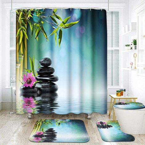 Tenda da doccia Tower Black Stone Hibiscus Zen Bamboo Water Belle Flora, set da 4, con tappeto antiscivolo, copriwater e tappetino da bagno, 182,9 x 182,9 cm. Set di decorazioni per il bagno. (1/5)