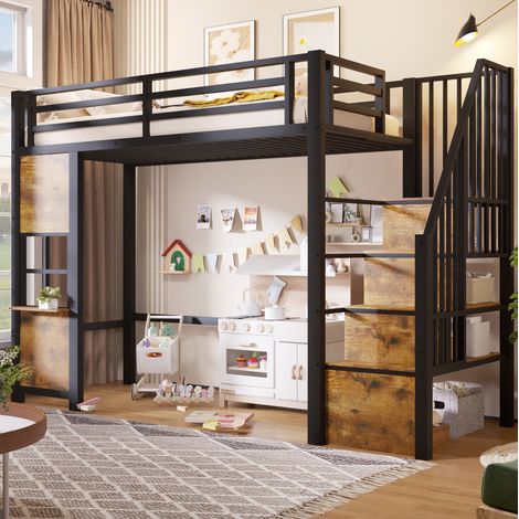 Lit mezzanine enfant 90x200 cm en métal noir, gain de place pour chambre, sans matelas FloraGrace (1/5)