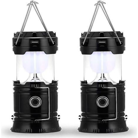 LED camping lamp, plug-in and solar rechargeable, with external battery, waterproof and windproof, for hiking, camping, emergencies, hurricanes, night fishing, IP66 waterproof, 2-pack [Energy Class (1/5)