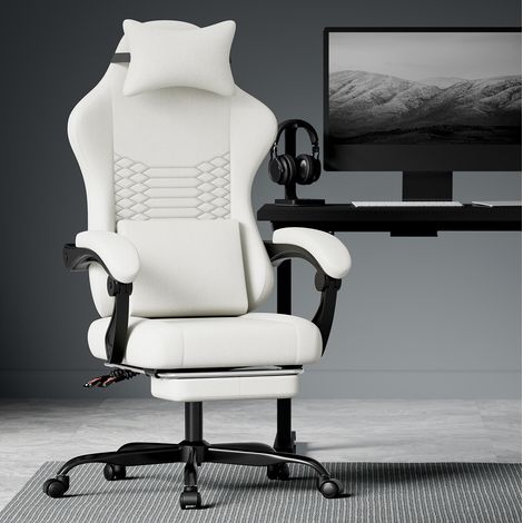 Chaise gaming blanche en tissu avec massage, appui-tête ergonomique et repose-pieds rétractable (1/5)