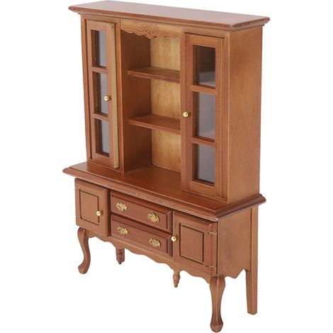 Armoire miniature en bois à l'échelle 1/12 pour maison de poupée, bibliothèque/placard avec porte et tiroir ouvrants, couleur bordeaux. (1/5)
