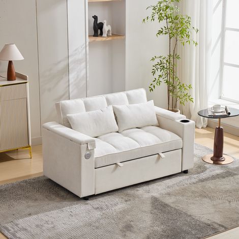 Canapé convertible 2 places 140,5 cm avec surface de repos 108x106 cm dossier réglable table pivotante USB USB-C tissu Beige (1/5)