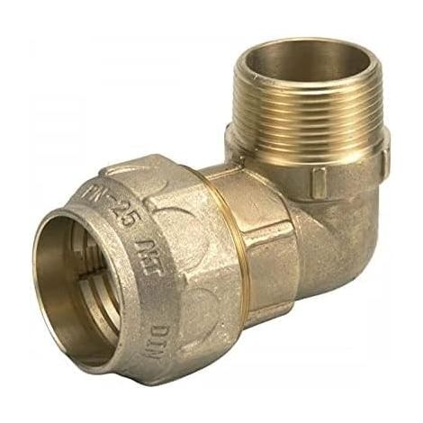Coude fileté mâle 90 fabriqué en laiton. Utilisé pour contourner les coins avec les tuyaux d'arrosage en polyéthylène. Disponible en 20 mm, 25 mm, 32 mm, 40 mm, 50 mm et 63 mm (20 mm - 1/2").