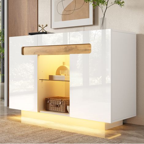 Aparador LED 120 x 40 x 80 cm de aglomerado y vidrio templado, blanco y efecto madera OKMYHOME (1/5)