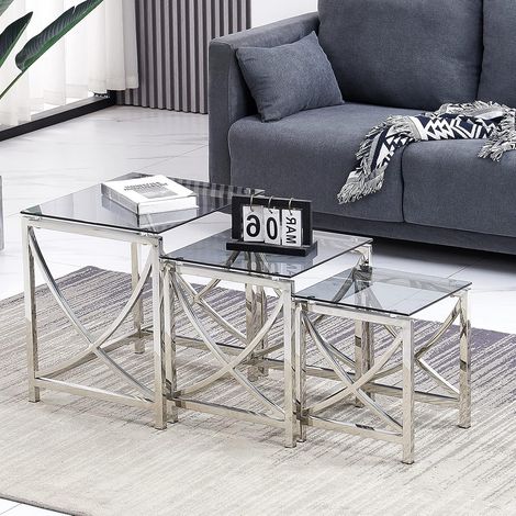 AINPECCA Nest of 3 Coffee Table Modern Sofa Side End Table Tempered Grey glass with Stainless Steel Legs Nesting Tables for Living Room (1/5)