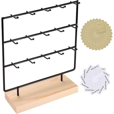 Schmuckständer, 3-stöckig, 15 Haken, Schlüsselhalter aus Holz und Aufbewahrungsdisplay für Ohrringe, Halsketten, Schmuck, Ringe, Armbänder und Schlüsselanhänger (schwarz)