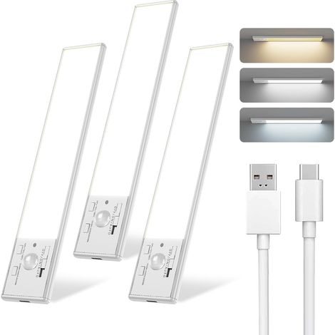 Éclairage sous meuble 30 cm (12 pouces), lampe à détecteur de mouvement pour intérieur, batterie rechargeable USB 1800 mAh, 3 températures de couleur réglables, convient aux armoires, placards et esca (1/4)