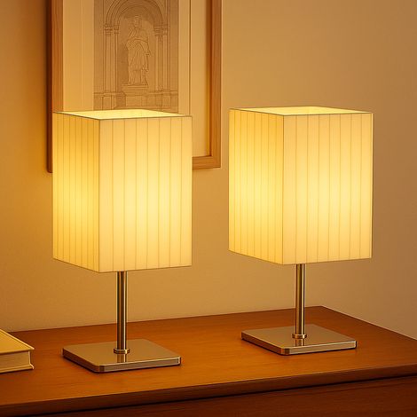 LED Tischleuchte Textil Beistellleuchte Chrom Nachttischlampe Schlafzimmer Stoffschirm, 3W 250Lm warmweiß, LxBxH 10x10x26 cm, 2er Set