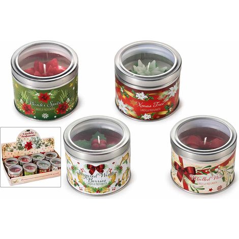 Candele profumate con decori in rilievo in scatola metallo, stampa stelle di Natale. In espositore da 8 pezzi, set da 8 pezzi, Ø 7,5 cm x 6 H