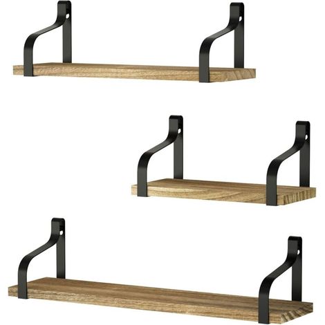 Etagères Murales Lot de 3 Etagères Flottantes en Bois et Fer Charge Maximal 20 Kg pour Salon Chambre Bureau Salle de Bains ou Cuisine, Noir Carbonisé (1/5)