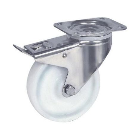 Rueda industrial giratoria en poliamida: di谩metro160 x 40 mm placa soporte acero inoxidable con freno: 137 x 105 mm. Capacidad: