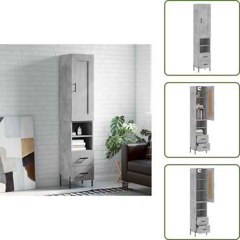The Living Store Buffet haut Gris béton 34,5x34x180 cm Bois d'ingénierie - Buffet Design Moderne - Meuble Rangement Gris - Armoire Cuisine - Buffet Salon - Commode (1/5)