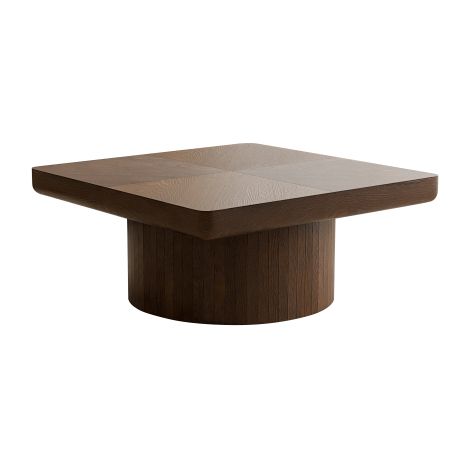 Table basse carrée noyer à angles arrondis, socle cylindrique vertical en bois, dimensions 78×78×38cm, table basse rustique minimaliste pour salon (1/5)