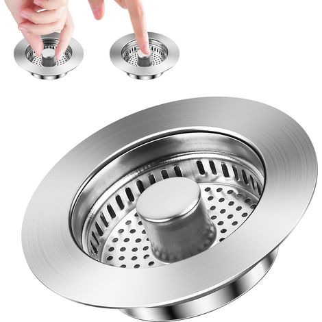 3-in-1 Edelstahl Pop-Up Abflussstopfen mit Sieb, Abflusssieb Küchenspüle und Waschbeckenstöpsel mit Anti Verstopfungs Korb, Spülbecken Sieb für Spülbecken Bohrung 75-86 mm (1/5)