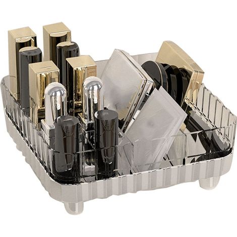 Mehrteilige, rutschfeste Make-up-Box aus transparentem, silberfarbenem Kunststoff, ideal für Kosmetikartikel, Lippenstifte und Schmuck. (1/5)
