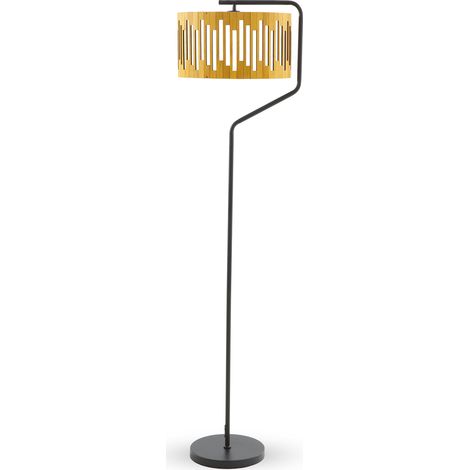 Tulpenförmige Stehlampe aus honigfarbenem Sperrholz mit schwarzem Metallfuß (1/3)