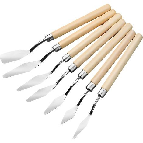 7 Pièces Spatule Peinture, Acier Inoxydable, Manche en Bois, pour Peinture à l'huile, Gouache, Artiste (1/5)