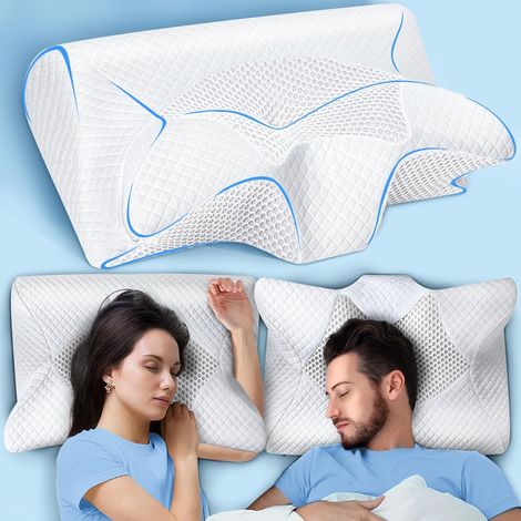 Oreiller Ergonomique Cervical Memoire de Forme, Coussin Cervicales pour Dormir Oreiller Orthopédique pour Dormeurs sur Le Côté, Le Dos et l'Estomac, Blanc (1/5)