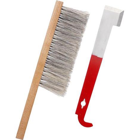 Herramientas para colmenas de apicultura: cepillo para abejas con gancho en J y crin natural, cepillo para colmenas, elevador de marcos y raspador.