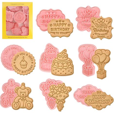 Lot de 8 Anniversaire Emporte Piece en plastique,Moules à Biscuits 3D Happy Birthday Biscuits Pâtisserie Emporte-Pièces pour Fêtes d'Anniversaire Cookies DIY (1/5)