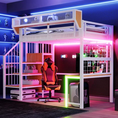 Lit mezzanine 90/200 cm blanc en métal avec bureau, rangements, éclairage intégré et prises (1/5)