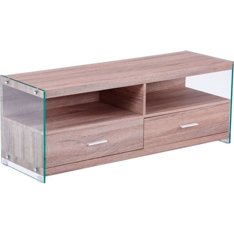 Mueble TV de 2 cajones y 2 estantes 121cm Evan Cristal - Roble 121cm (ancho) x 44cm (alto) (1/4)