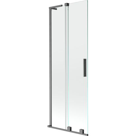 Mexen Velar L paravento per vasca da bagno a 2 ante scorrevoli 75 x 150 cm, trasparente, grigio canna di fucile spazzolato (1/5)