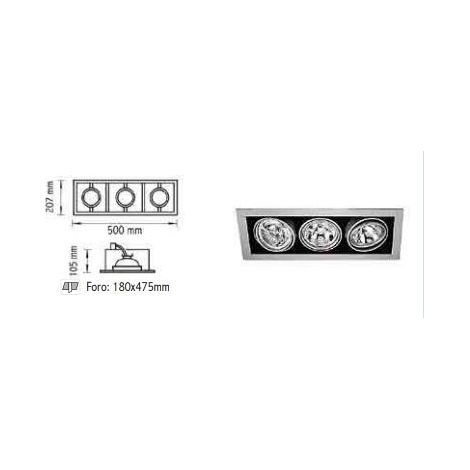 Faro Incasso Rettangolare Orientabile 12V 3x50W AR111 G53 IP 20, Foro 180x475mm, Silver