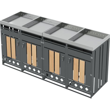 Coffre de rangement pour poubelles 4 compartiments avec bac à plantes, acier galvanisé gris et finition bois, coffre extérieur ventilé et verrouillable (1/5)