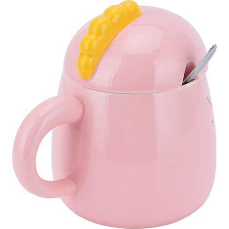 Rosa Keramiktasse, 450 ml, mit Deckel und Löffel, hübsche Kaffeetasse für Frauen, Glücksbringer-Geschenk für Büro oder Zuhause (1/5)