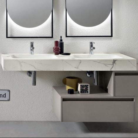 Mensola doppio lavabo sospesa 140 cm FLUVIO in HPL laminato Bianco venato