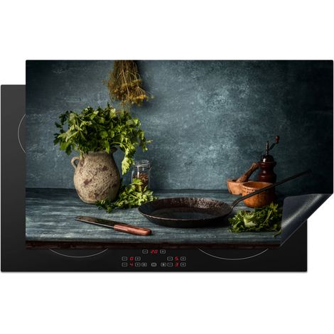 PROTECTION PLAQUE INDUCTION Herbes - Épices - Poêle - Couteau - Gris - Rustique Cuisine Accessoire 85x52 cm