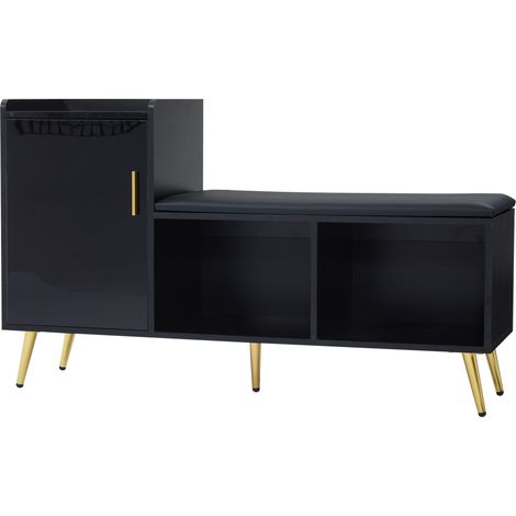 Meuble à chaussures noir brillant avec banc, assise rembourrée en PU, rangements réglables, détails dorés, 120 x 35 x 71,5 cm (1/5)