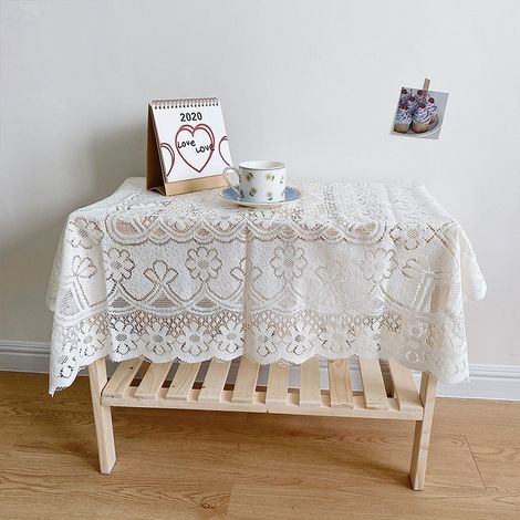 Nappe en dentelle blanche 120x120 cm, style coréen, décoration de table, fond pour café, chambre, intérieur bohème, idéale comme napperon ou tissu décoratif. (1/4)