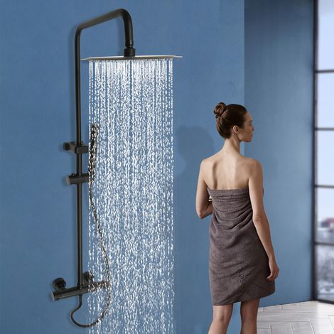 Douche thermostatique noire – 2 fonctions (pluie + main), 360°, hauteur réglable 85-123 cm – Inox 304, laiton – Pour salle de bain moderne